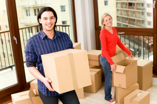 Professional movers handling household furniture and packing materials in Thehyde
